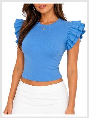 Zara Ribbed Crop Top Blue Ruffle Sleeve Crew Neck M